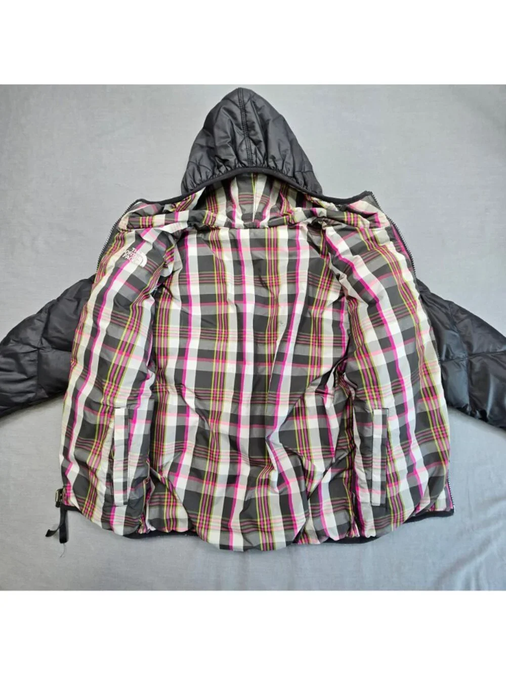 The North Face Girls M 10/12 Reversible Hooded Jacket Black Plaid Down Insulated